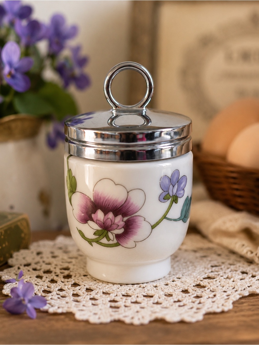 Royal Worcester Fine Porcelain Egg Coddler Floral Violet Pattern England